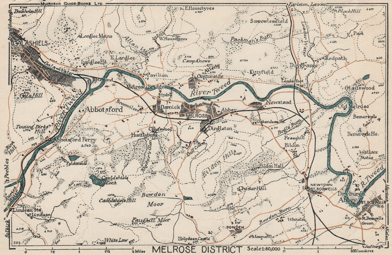 MELROSE DISTRICT. Vintage map plan. Galashiels Abbotsford Tweed. Scotland 1932